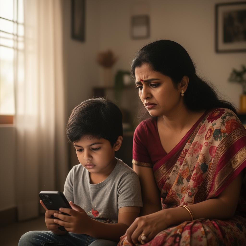 Concerned Indian mother with child on smartphone